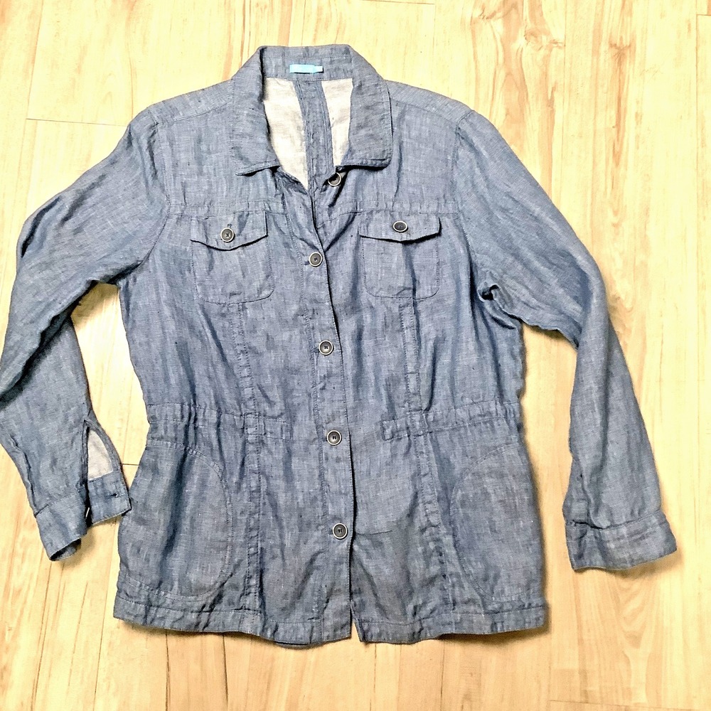 J Mclaughlin Womens Safari Jacket Chambray Blue 100% Linen Blazer - Size XL